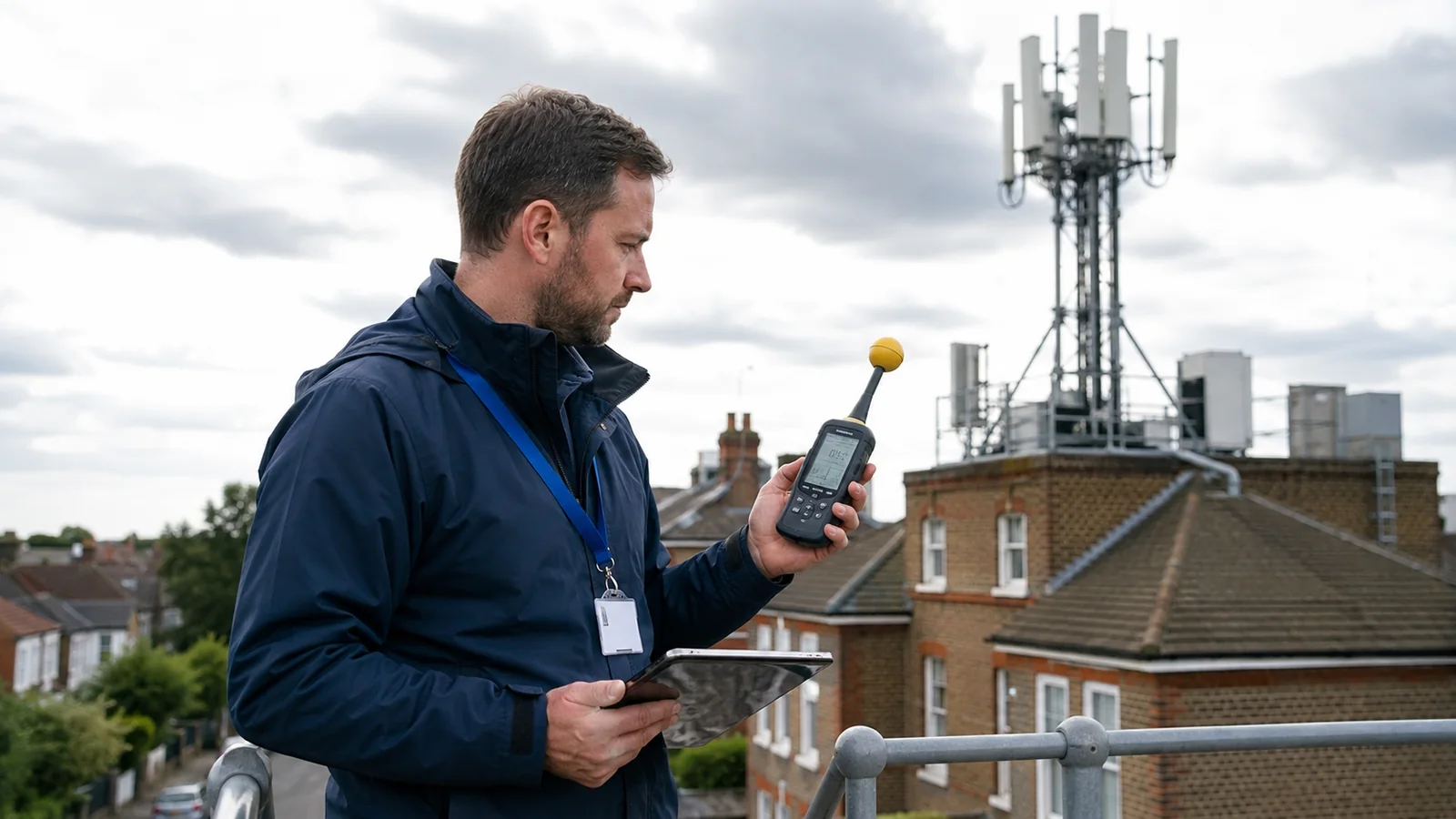 RF engineer carrying out a 5G and mobile phone mast EMF survey near a UK telecom site