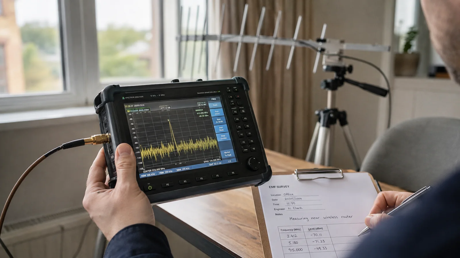 Professional RF and EMF survey using a spectrum analyser and directional antenna