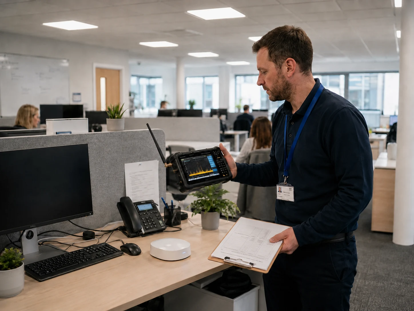 Workplace EMF assessment by an RF engineer measuring electromagnetic fields in an office